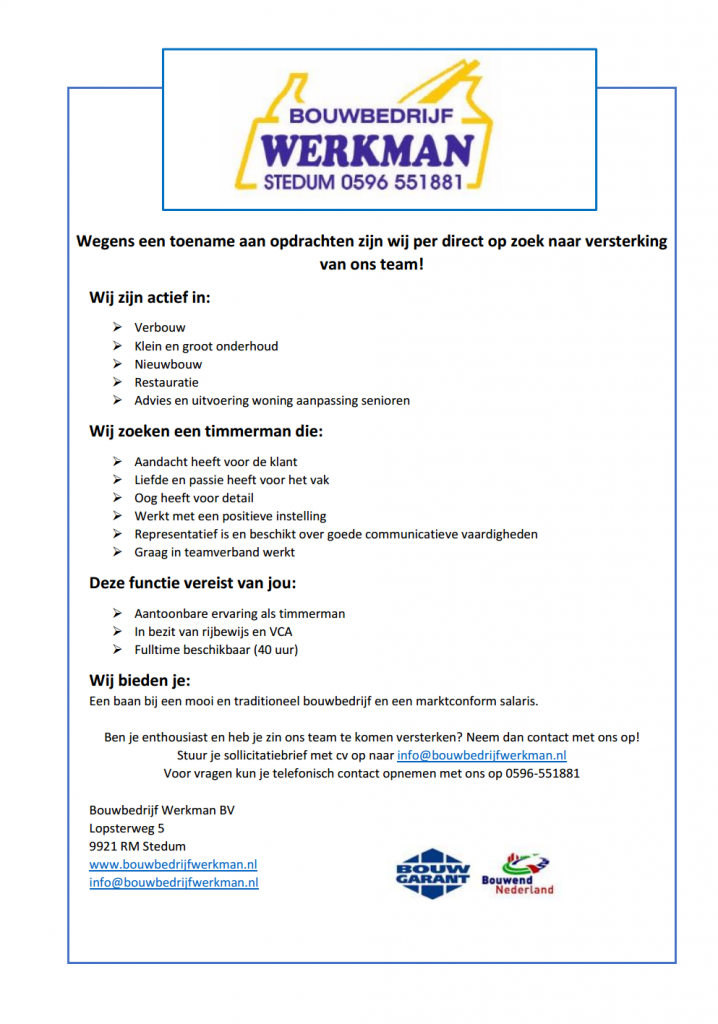 vacature bouwbedrijf werkman stedum